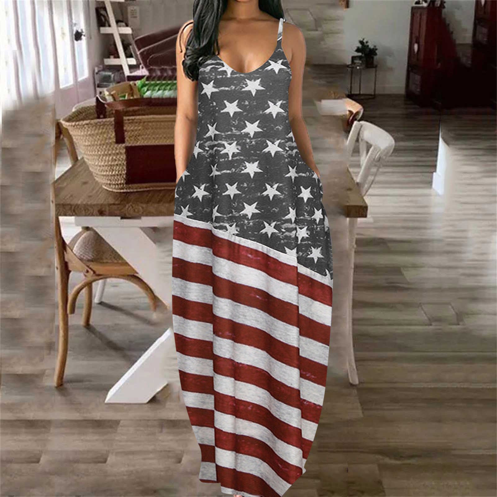 Ladies' Independence Day Deep V Sling Print Dress - One Red Hill